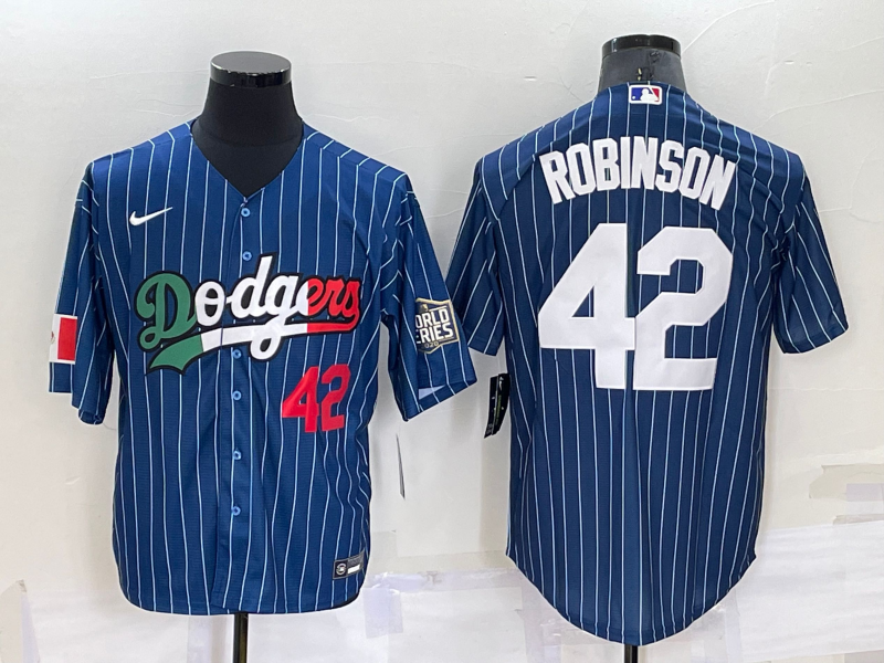 Men's Los Angeles Dodgers #42 Jackie Robinson Navy Mexico World Series Cool Base Stitched Baseball Jersey